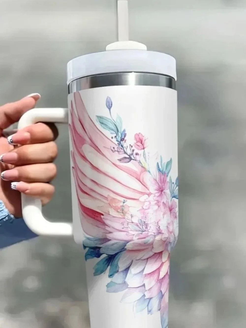 40 Oz. Angel Wings Stainless Steel Tumbler W/Side Handle In  Delicate Pastels.